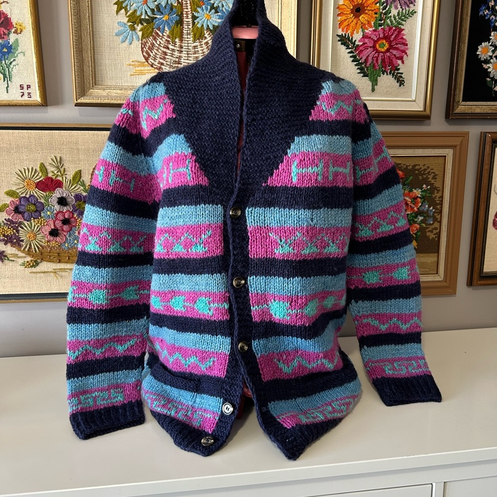 Handmade wool patterned sweater cardigan. Probably woman’s large.